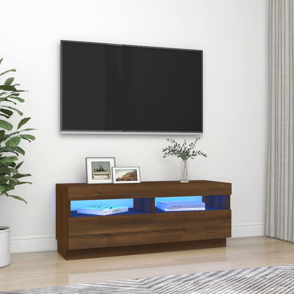 TV cabinet with LED lights brown oak look 100x35x40 cm
