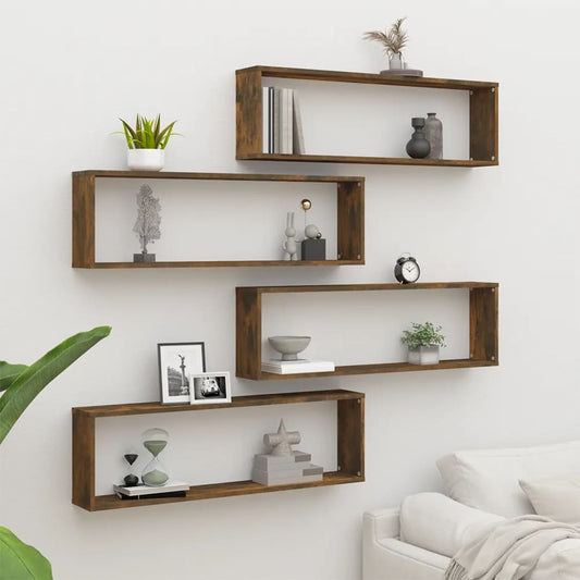 Wall shelves 4 pcs. Smoked oak 100x15x30 cm wood material