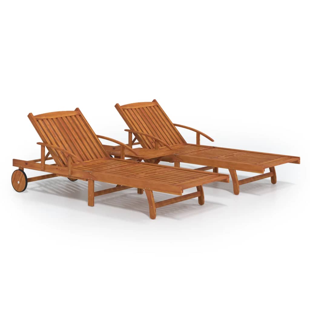 Chaises longues 2 pièces avec table en bois massif d'acacia