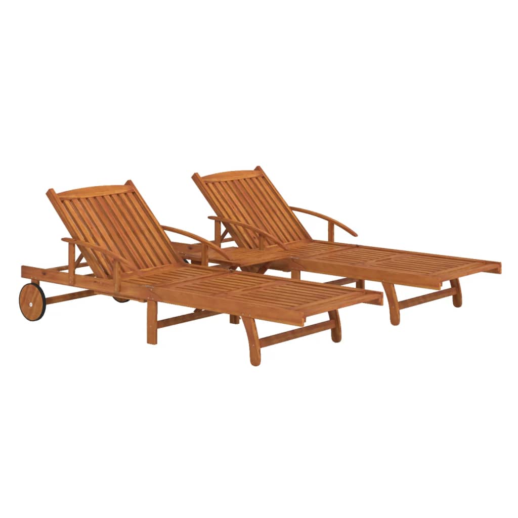 Chaises longues 2 pièces avec table en bois massif d'acacia
