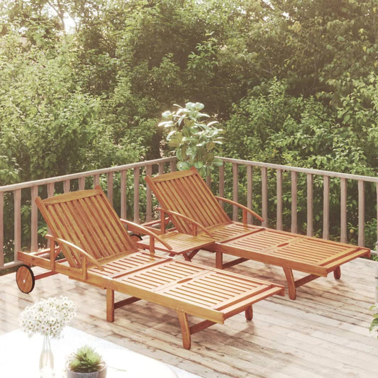 Chaises longues 2 pièces avec table en bois massif d'acacia