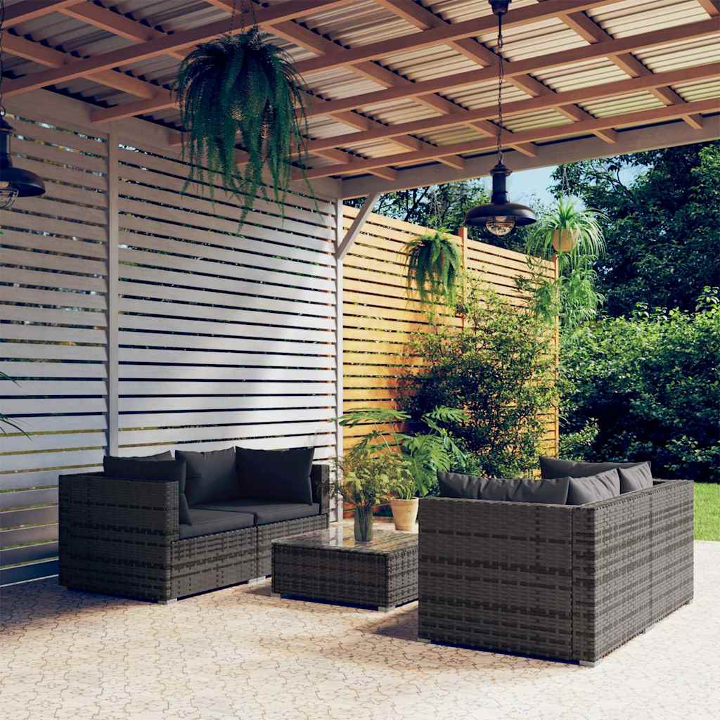 5-tlg. Garten-Lounge-Set mit Kissen Poly Rattan Grau