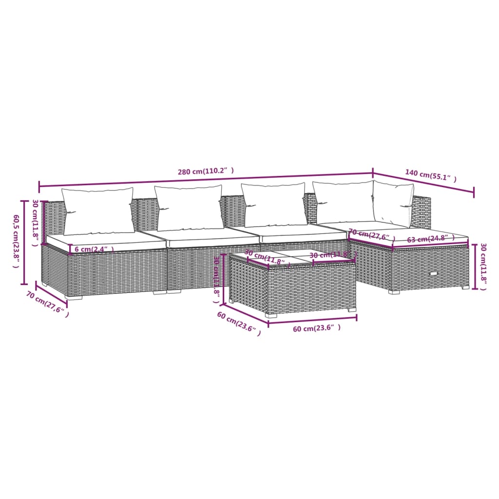 6-tlg. Garten-Lounge-Set mit Auflagen Poly Rattan Braun
