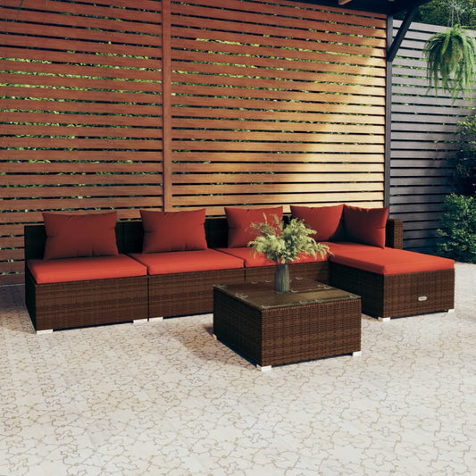 6-tlg. Garten-Lounge-Set mit Auflagen Poly Rattan Braun
