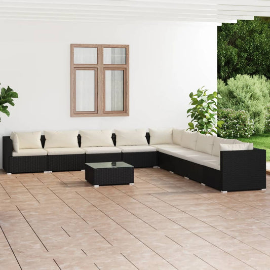 Salon de jardin 10 pièces avec coussins, en polyrotin, noir