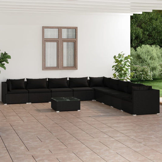 Salon de jardin 10 pièces avec coussins, en polyrotin, noir