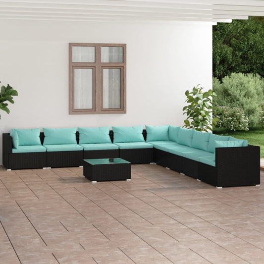 Salon de jardin 10 pièces avec coussins, en polyrotin, noir