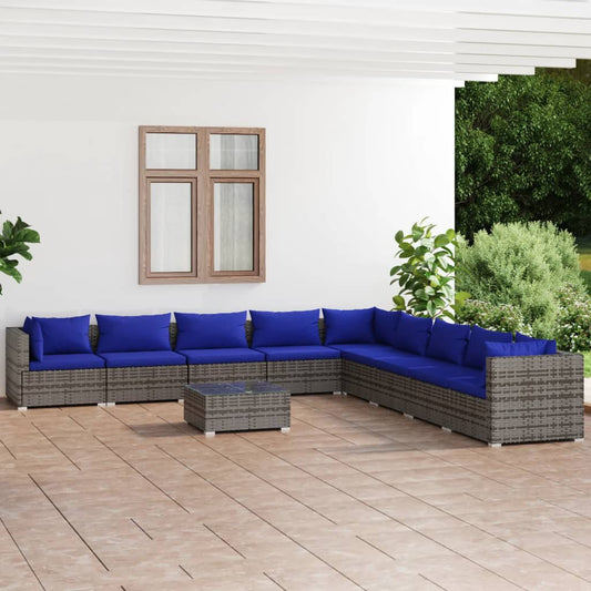 10-tlg. Garten-Lounge-Set mit Kissen Poly Rattan Grau