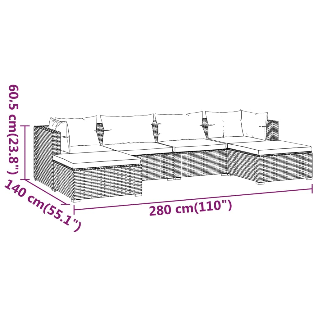 6-tlg. Garten-Lounge-Set mit Auflagen Poly Rattan Braun