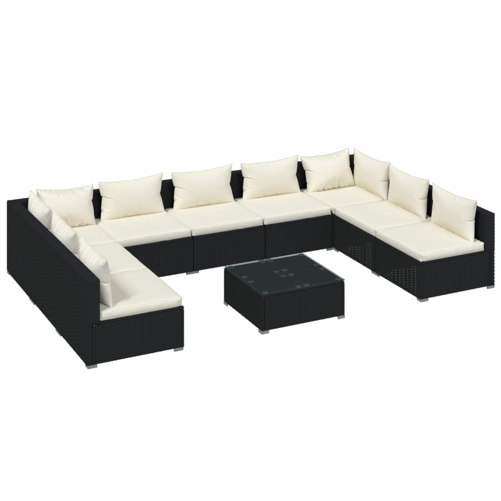 Salon de jardin 10 pièces avec coussins, en polyrotin, noir