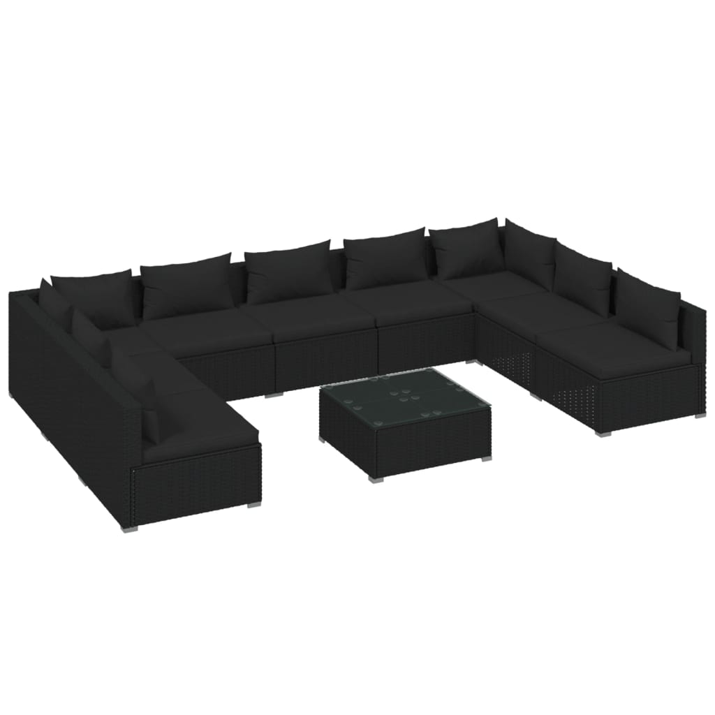 Salon de jardin 10 pièces avec coussins, en polyrotin, noir