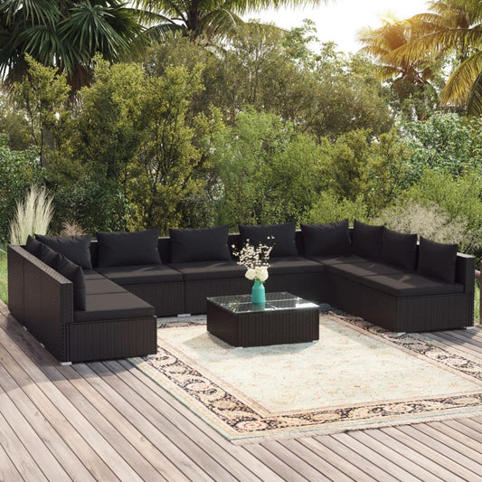 Salon de jardin 10 pièces avec coussins, en polyrotin, noir