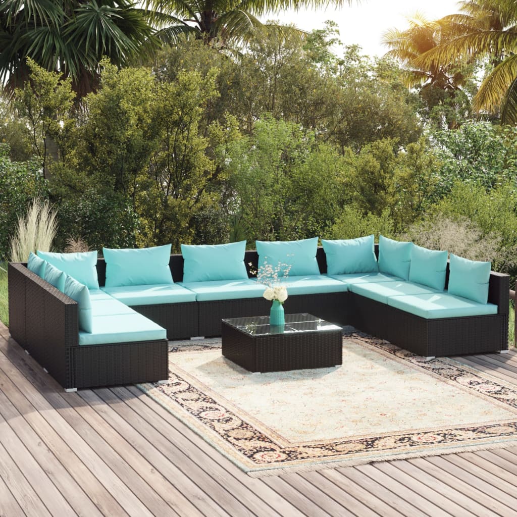 Salon de jardin 10 pièces avec coussins, en polyrotin, noir