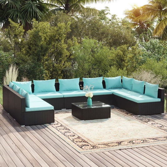 Salon de jardin 10 pièces avec coussins, en polyrotin, noir