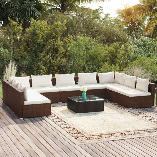 10-tlg. Garten-Lounge-Set mit Kissen Poly Rattan Braun