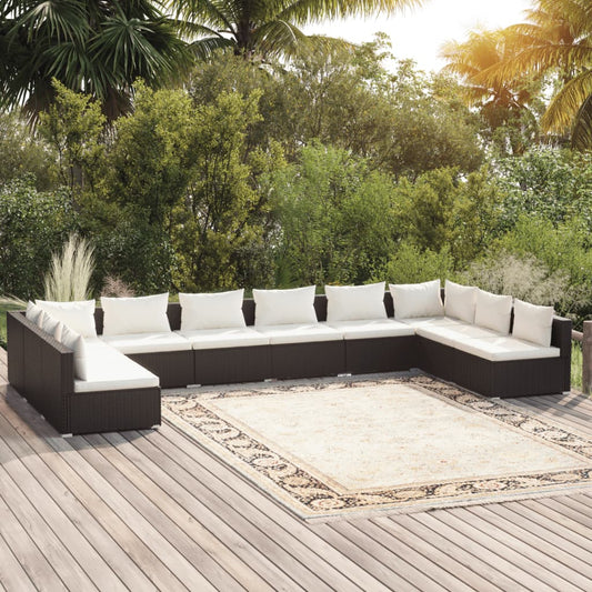 Salon de jardin 10 pièces avec coussins, en polyrotin, noir
