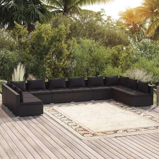 Salon de jardin 10 pièces avec coussins, en polyrotin, noir