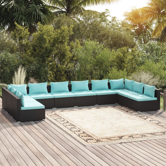 Salon de jardin 10 pièces avec coussins, en polyrotin, noir
