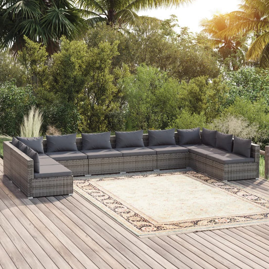 10-tlg. Garten-Lounge-Set mit Kissen Poly Rattan Grau