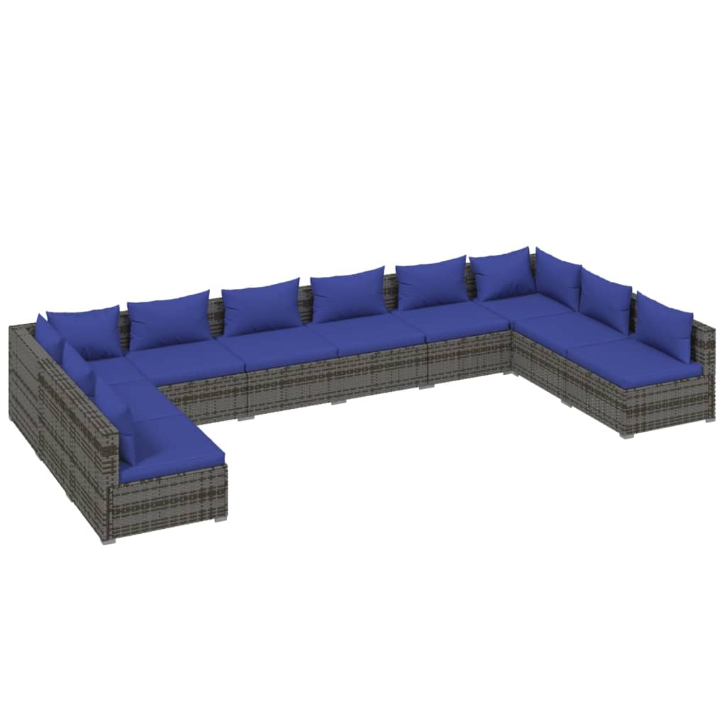 Salon de jardin 10 pièces avec coussins, en résine tressée, gris