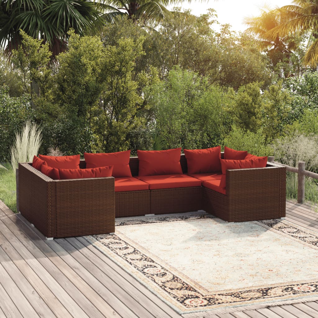 6-tlg. Garten-Lounge-Set mit Auflagen Poly Rattan Braun
