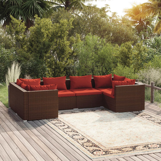6-tlg. Garten-Lounge-Set mit Auflagen Poly Rattan Braun