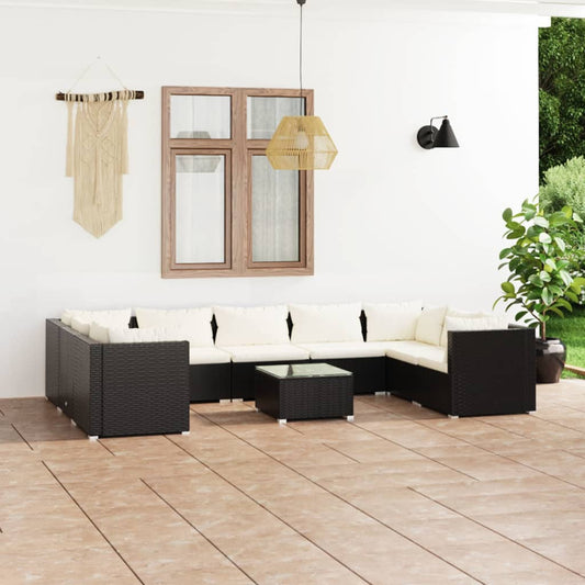 Salon de jardin 10 pièces avec coussins, en polyrotin, noir
