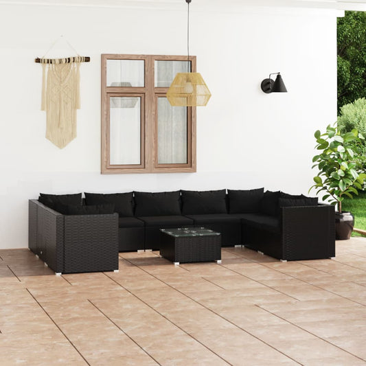 Salon de jardin 10 pièces avec coussins, en polyrotin, noir