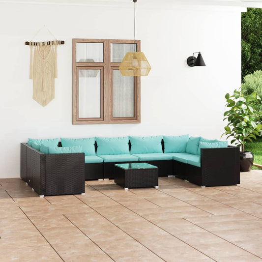 Salon de jardin 10 pièces avec coussins, en polyrotin, noir