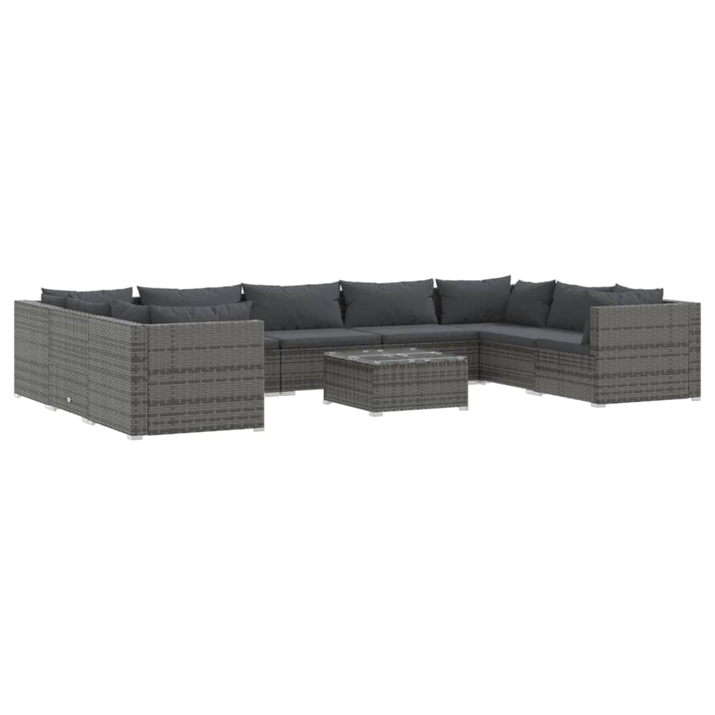 Salon de jardin 10 pièces avec coussins, en résine tressée, gris