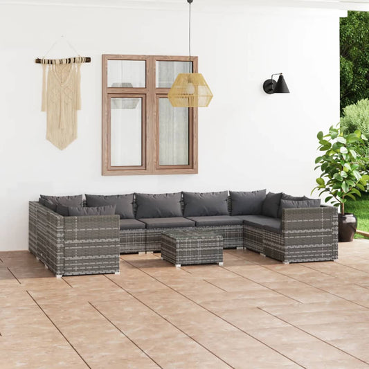 10-tlg. Garten-Lounge-Set mit Kissen Poly Rattan Grau