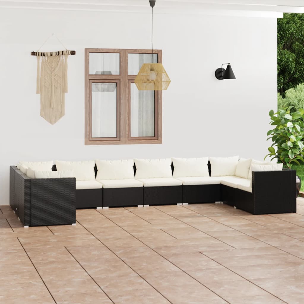 Salon de jardin 10 pièces avec coussins, en polyrotin, noir