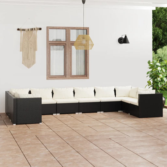 Salon de jardin 10 pièces avec coussins, en polyrotin, noir