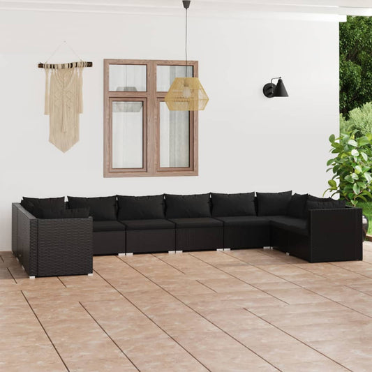 Salon de jardin 10 pièces avec coussins, en polyrotin, noir