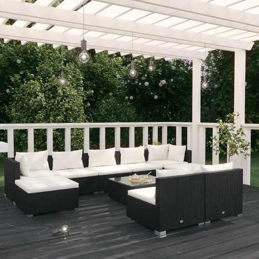 Salon de jardin 10 pièces avec coussins, en polyrotin noir