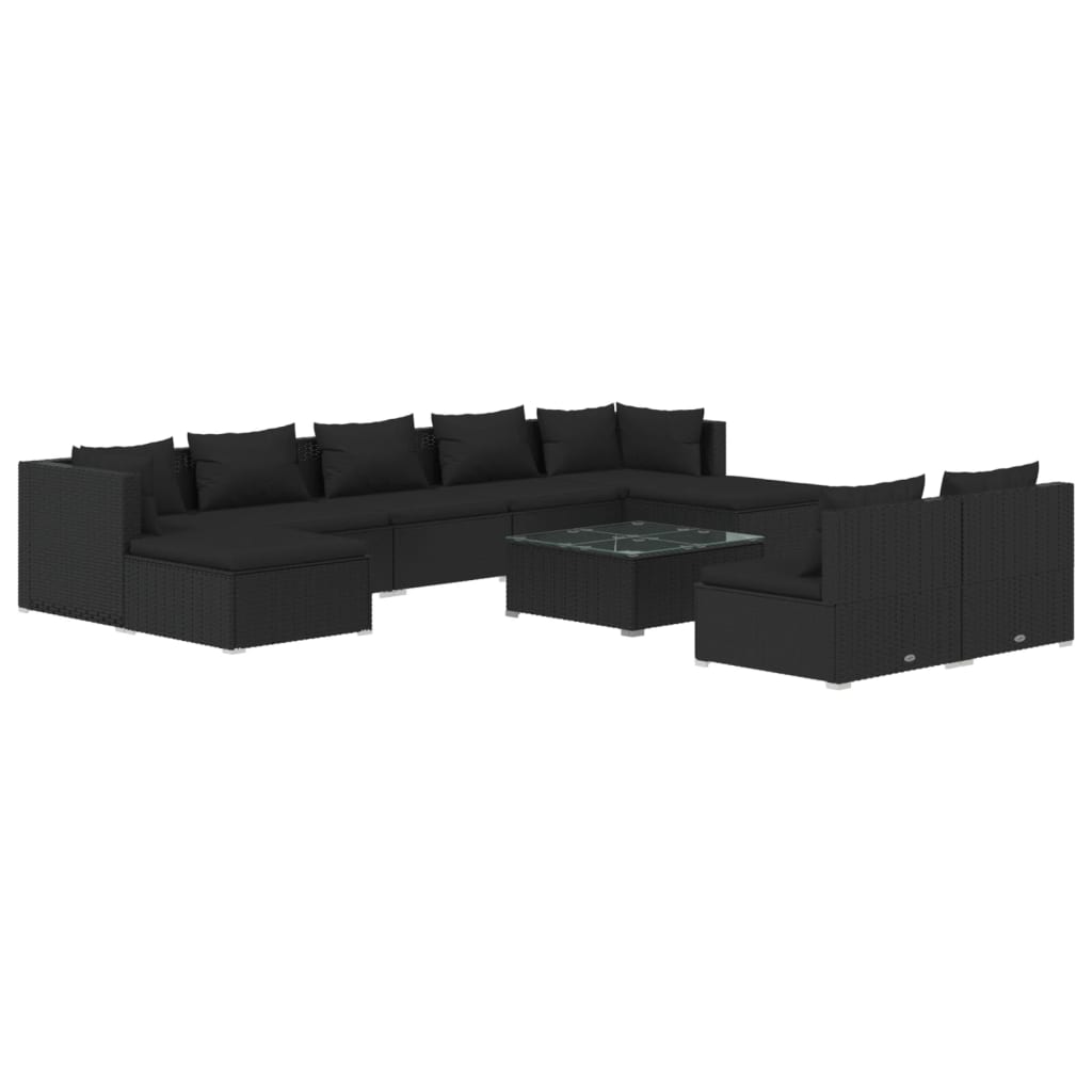 10-tlg. Garten-Lounge-Set mit Kissen Schwarz Poly Rattan
