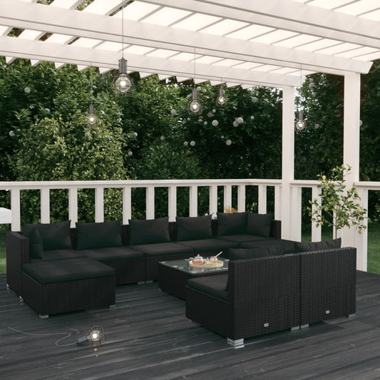 Salon de jardin 10 pièces avec coussins, en polyrotin noir