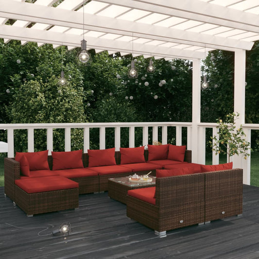 Salon de jardin 10 pièces avec coussins, en polyrotin marron