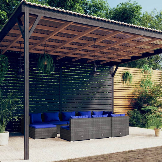 10 pièces. Salon de jardin avec coussins en polyrotin gris
