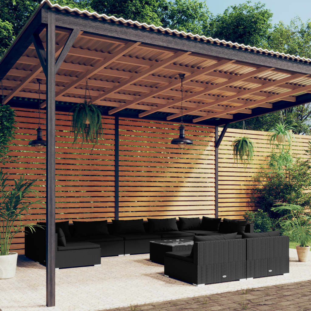 10-tlg. Garten-Lounge-Set mit Kissen Schwarz Poly Rattan