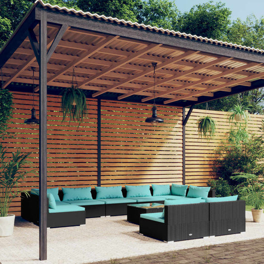 Salon de jardin 10 pièces avec coussins, en polyrotin noir