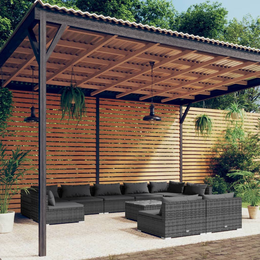 10 pièces. Salon de jardin avec coussins en polyrotin gris