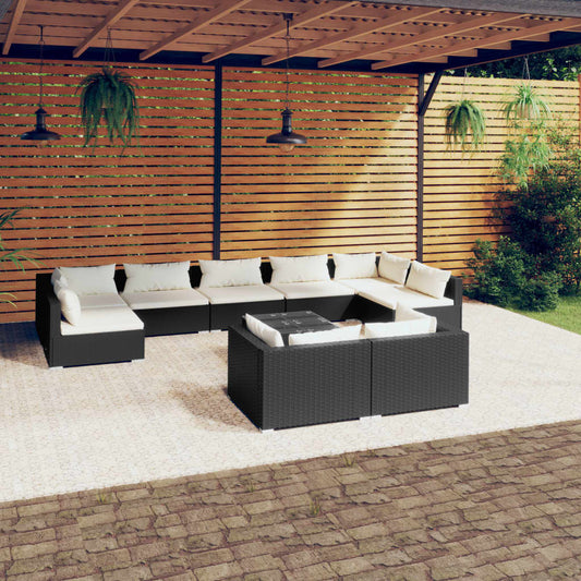 Salon de jardin 10 pièces avec coussins, en polyrotin noir