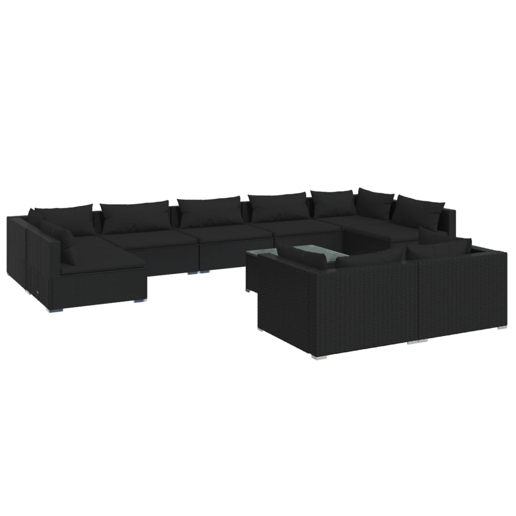10-tlg. Garten-Lounge-Set mit Kissen Schwarz Poly Rattan