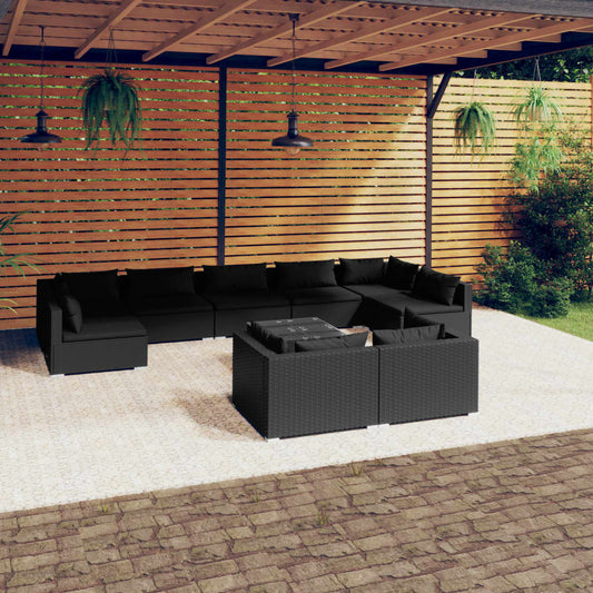 Salon de jardin 10 pièces avec coussins, en polyrotin noir