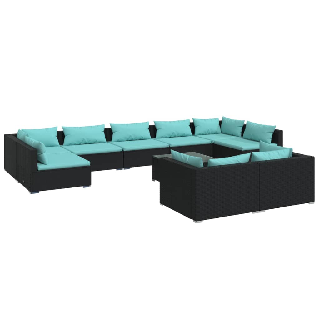 10-tlg. Garten-Lounge-Set mit Kissen Schwarz Poly Rattan