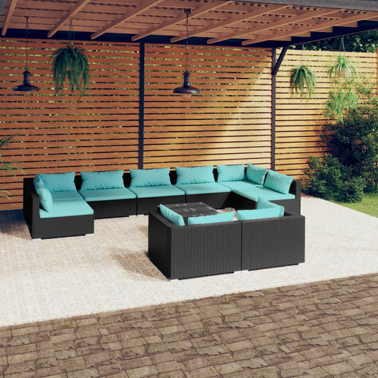 Salon de jardin 10 pièces avec coussins, en polyrotin noir