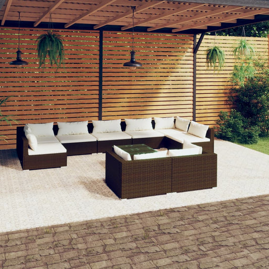 Salon de jardin 10 pièces avec coussins, en polyrotin marron