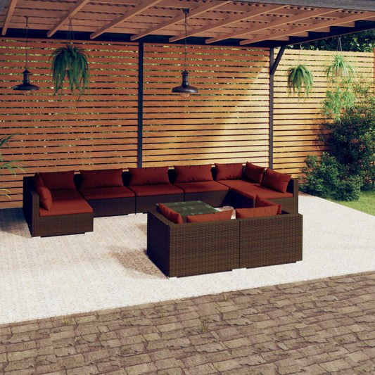 Salon de jardin 10 pièces avec coussins, en polyrotin marron