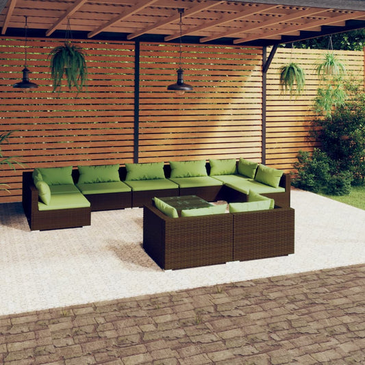 Salon de jardin 10 pièces avec coussins, en polyrotin marron